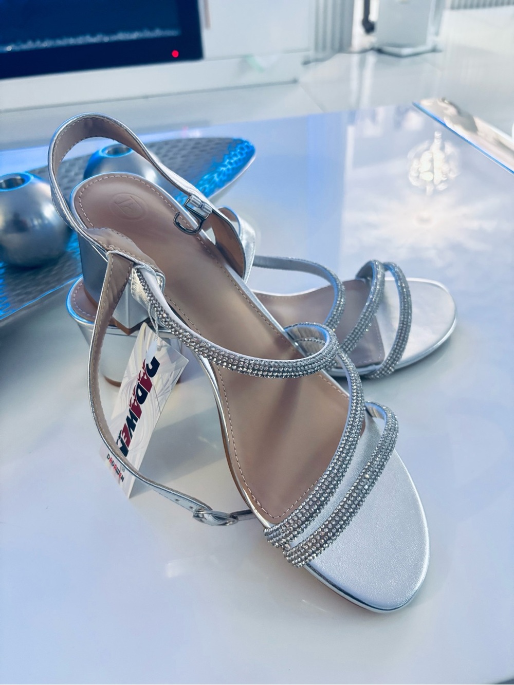 Rhinestone Strap Silver Slingback Heels - Women's